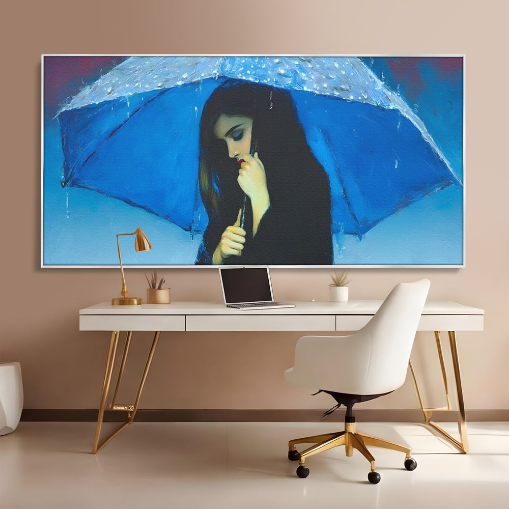 Tablou canvas cu pictura cu femeie sub umbrela albastra, in rama de aluminiu argintiu, pe perete intr-un birou
